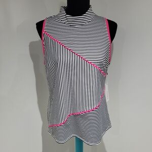Kinona Womens UPF 50 Mock Me Sleeveless Summer Pinstripe Golf Top L Pink B&W NEW